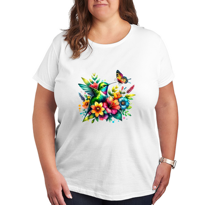 Vibrant Rainbow Hummingbird Butterfly Floral Plus Size Tee