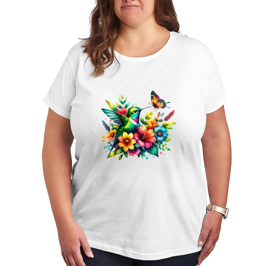 Vibrant Rainbow Hummingbird Butterfly Floral Plus Size Tee