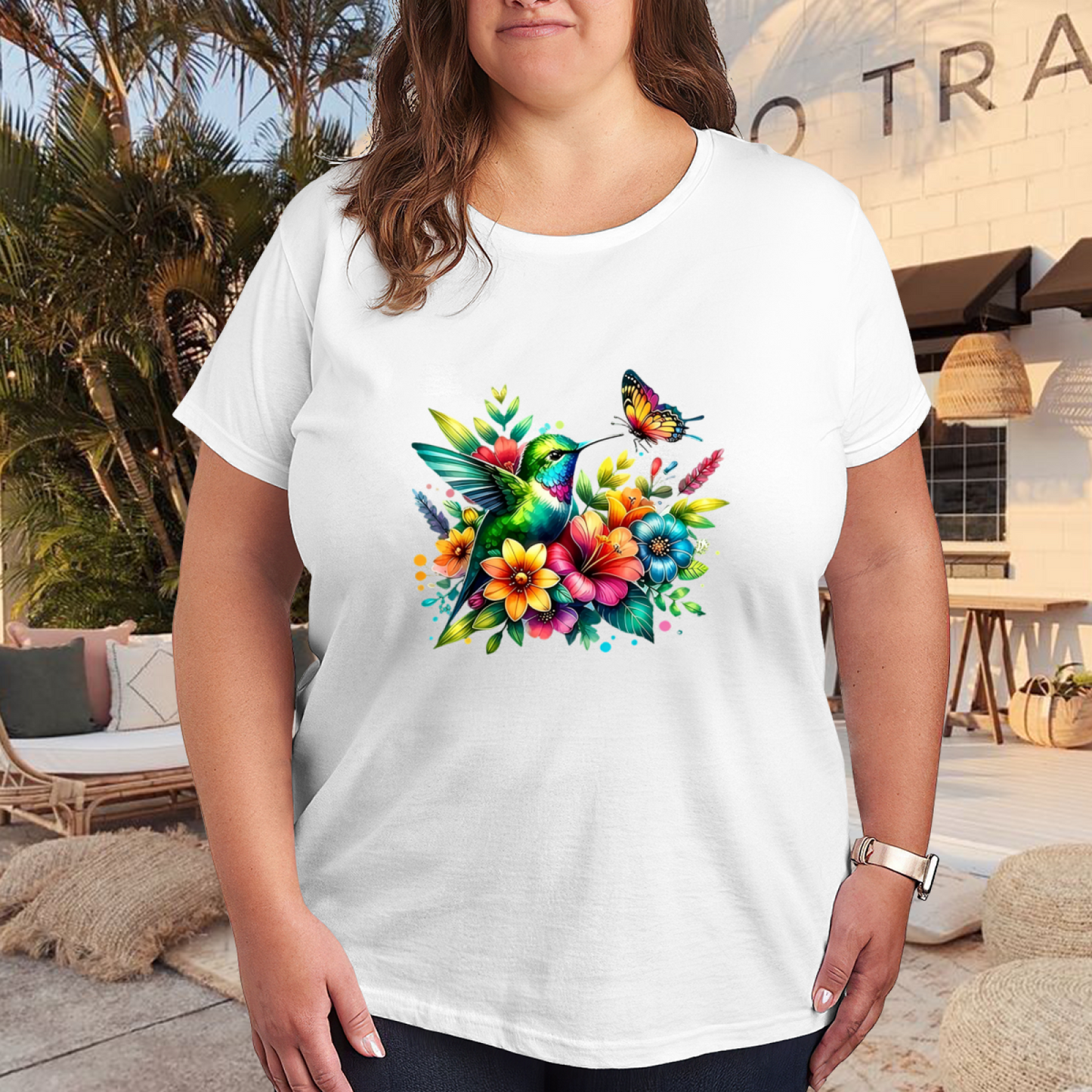 Vibrant Rainbow Hummingbird Butterfly Floral Plus Size Tee
