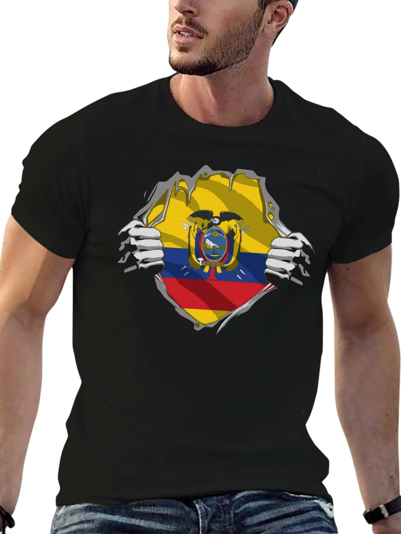 Ecuador Flag Ripped Shirt - Mens Black Tee