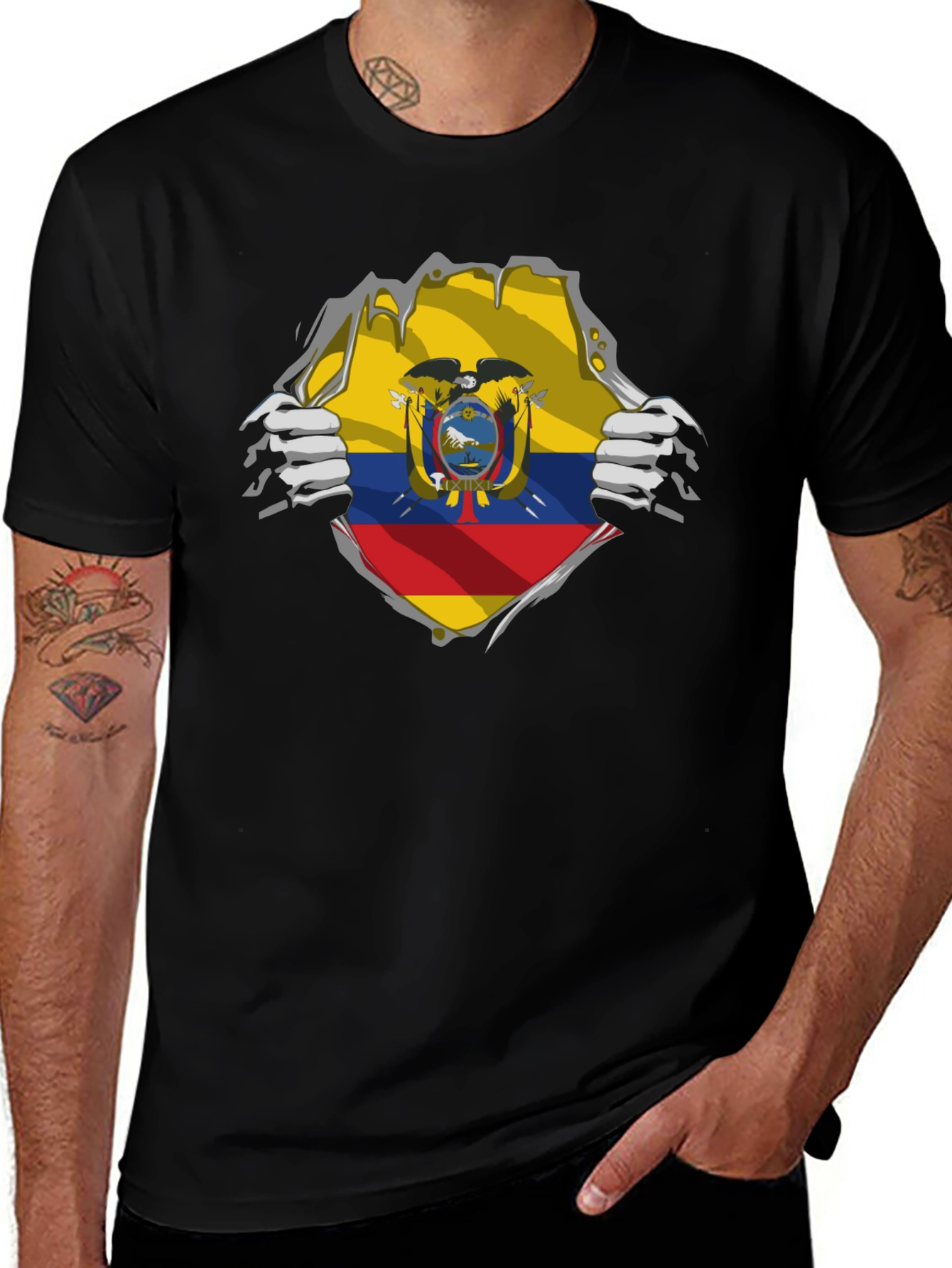 Ecuador Flag Ripped Shirt - Mens Black Tee