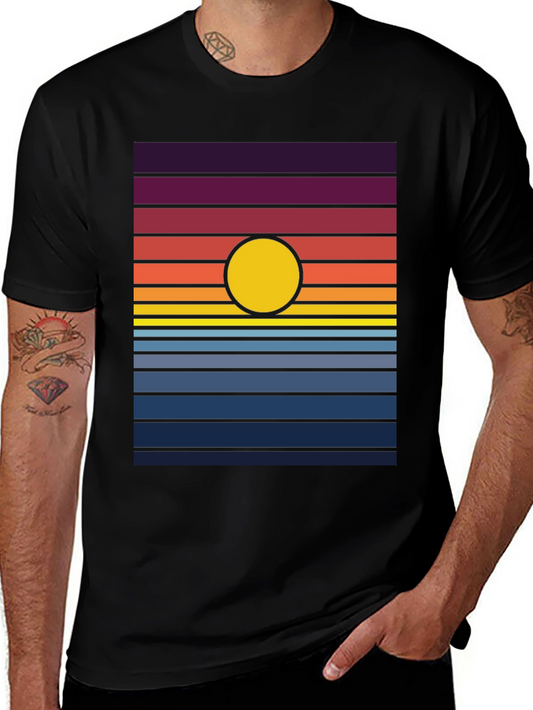 Retro Sunset Graphic Tee - Black Cotton Blend T-Shirt