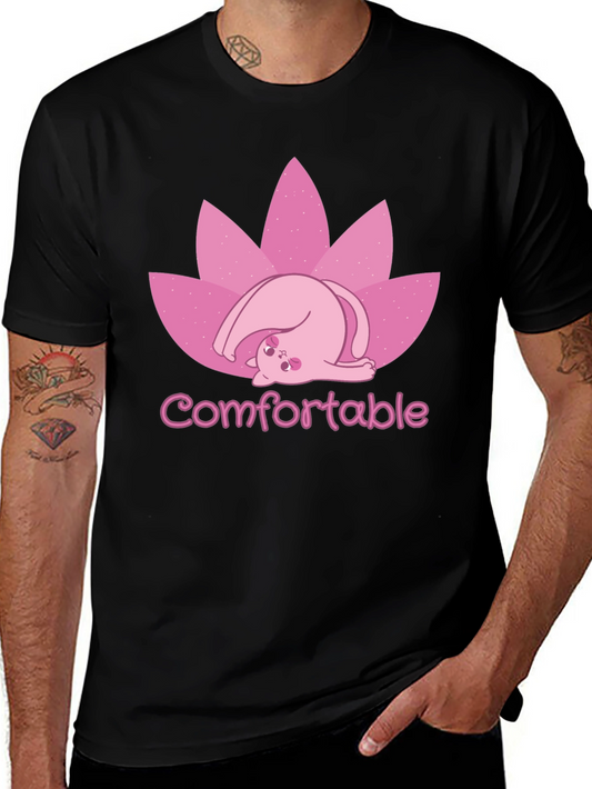 Comfortable Cat Lotus Flower Graphic Tee - Relaxed Fit