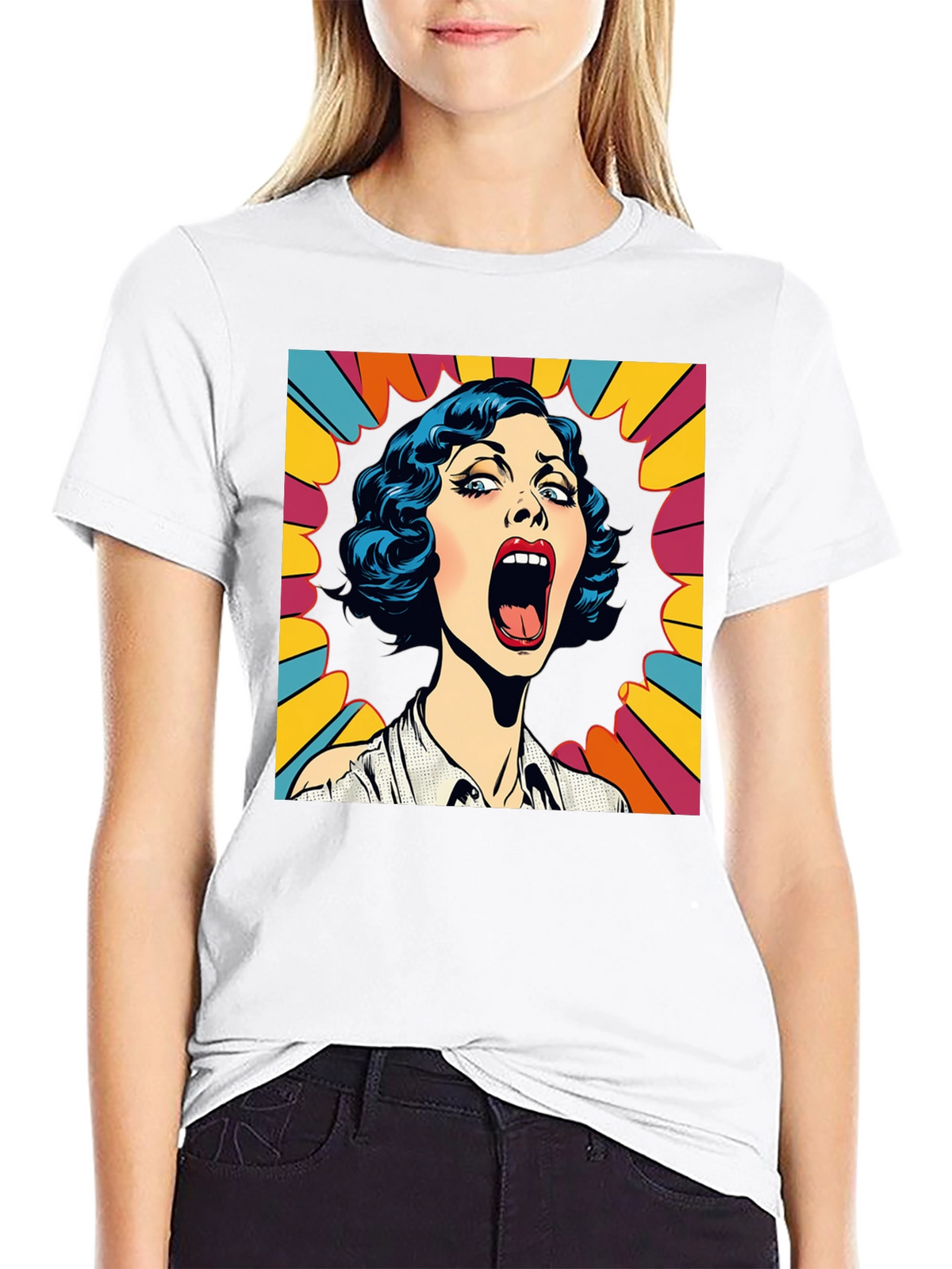 Pop Art Screaming Woman Graphic Tee - Black