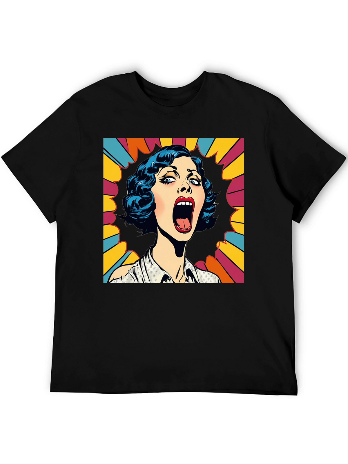 Pop Art Screaming Woman Graphic Tee - Black