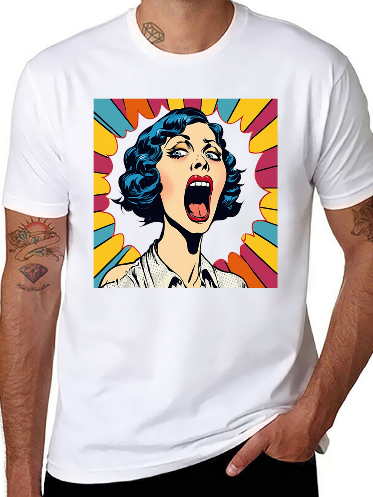 Pop Art Screaming Woman Graphic Tee - Black