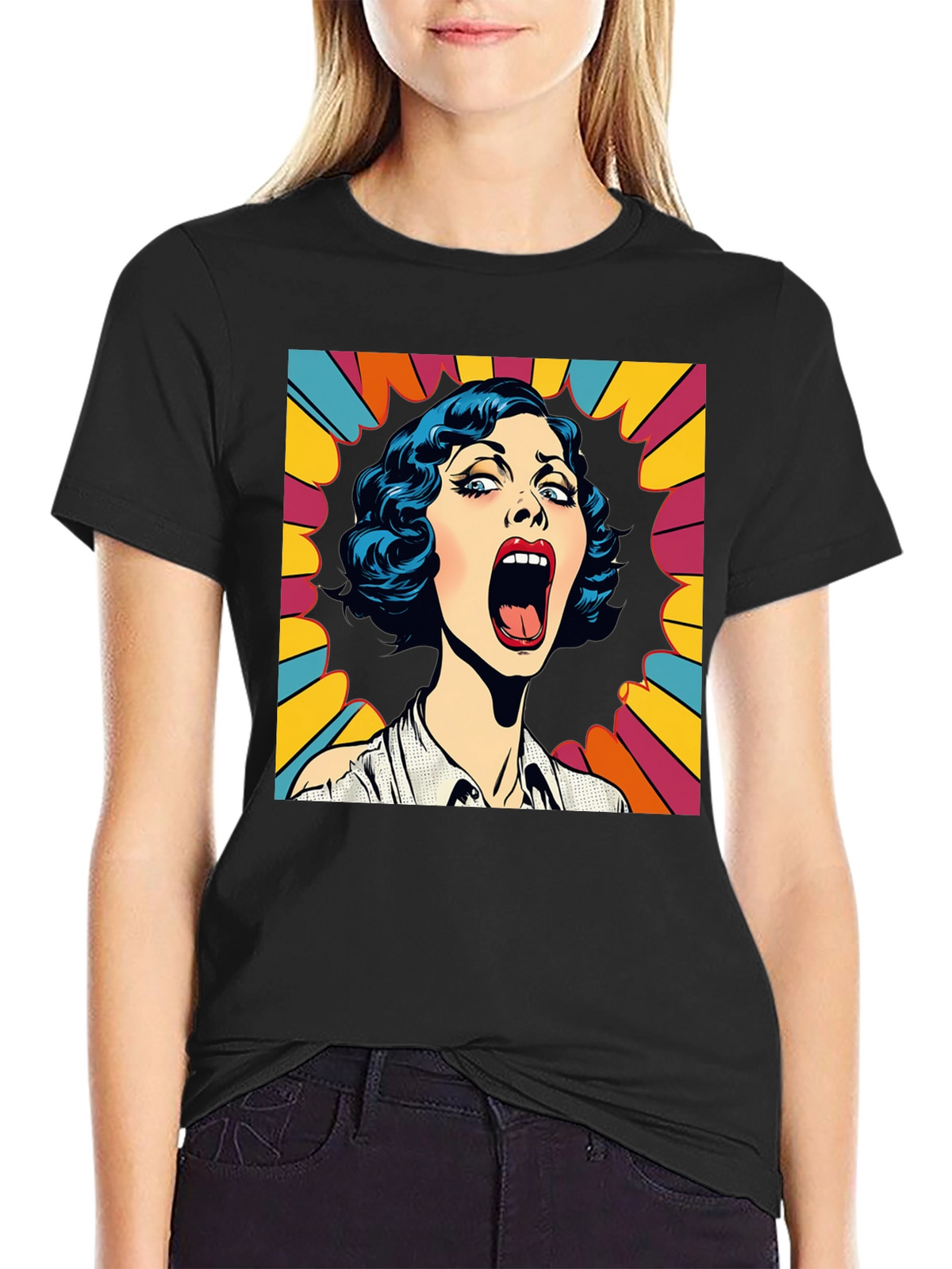 Pop Art Screaming Woman Graphic Tee - Black
