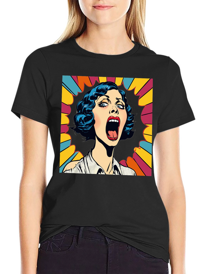 Pop Art Screaming Woman Graphic Tee - Black