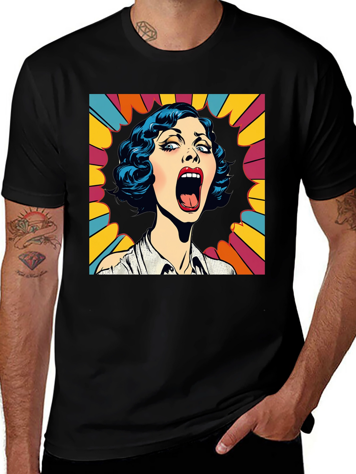 Pop Art Screaming Woman Graphic Tee - Black