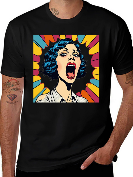 Pop Art Screaming Woman Graphic Tee - Black