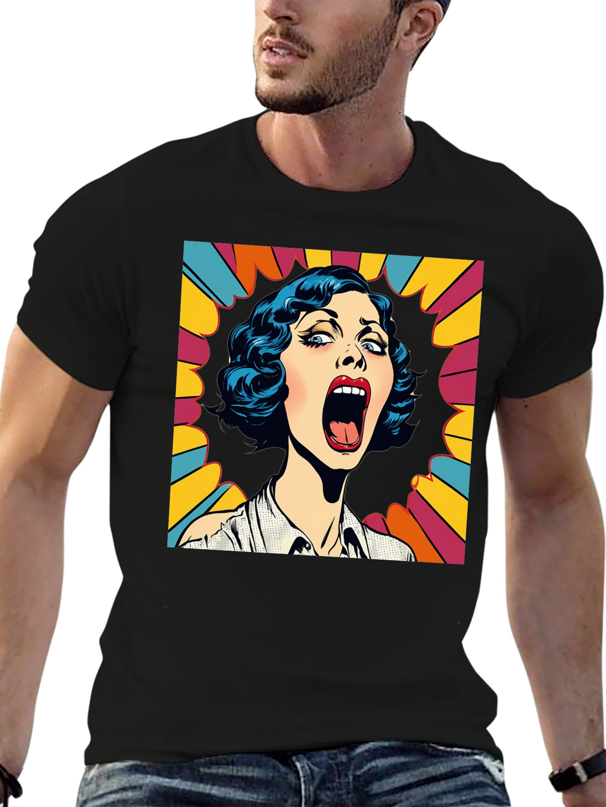 Pop Art Screaming Woman Graphic Tee - Black