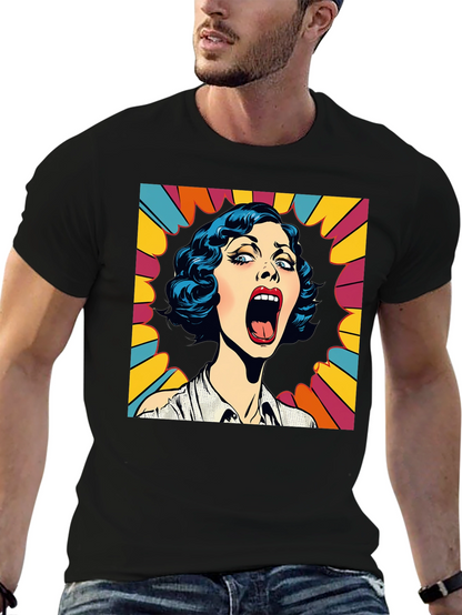 Pop Art Screaming Woman Graphic Tee - Black