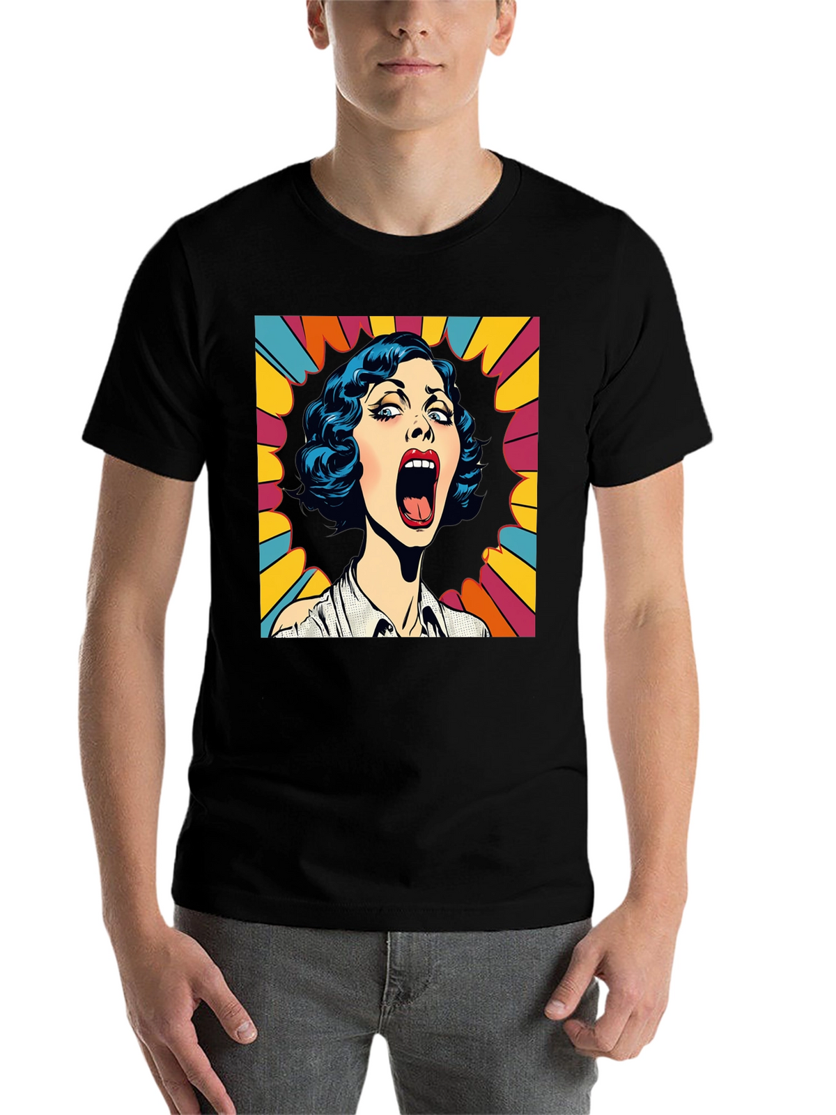 Pop Art Screaming Woman Graphic Tee - Black