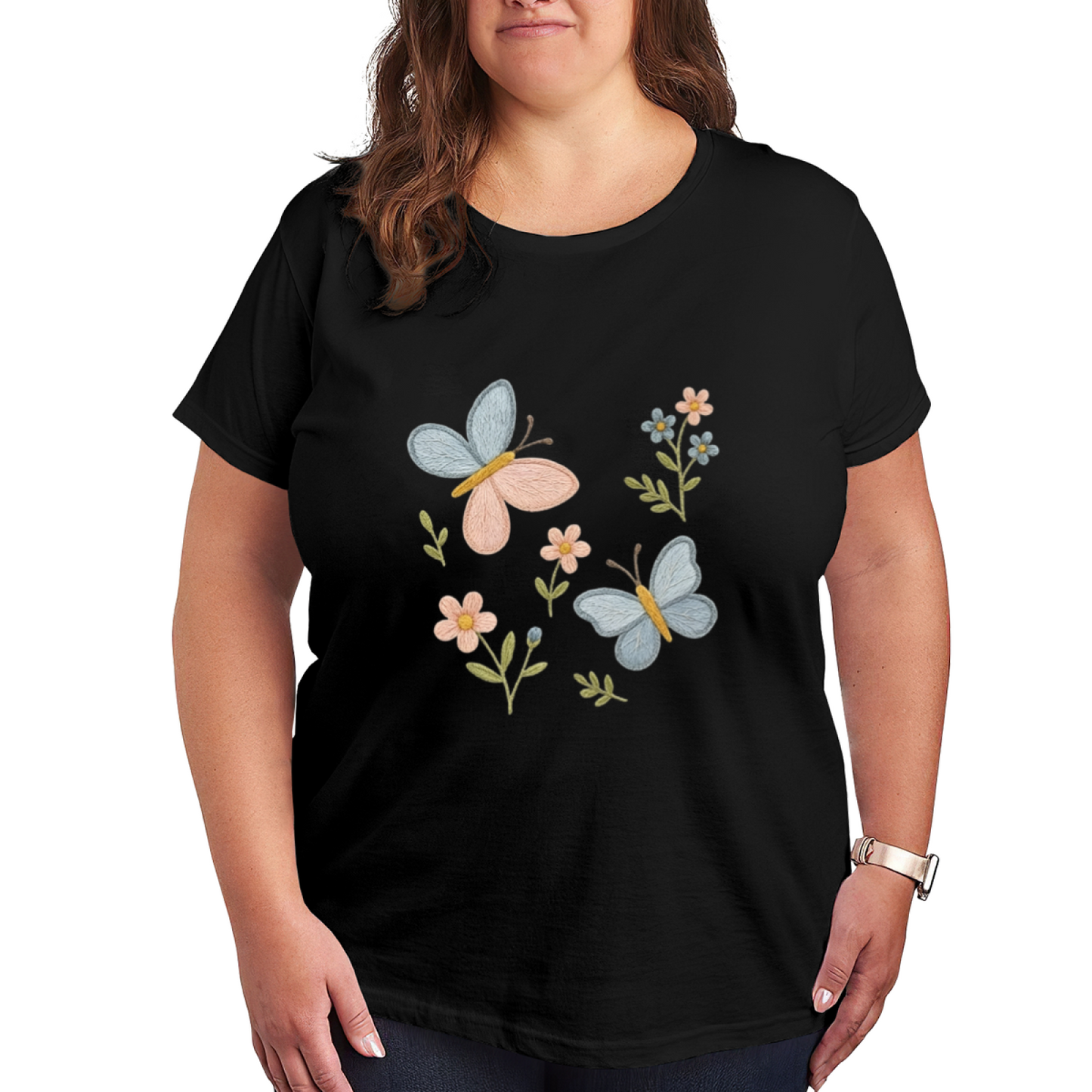 Soft Embroidery Blue Pink Butterfly Plus Size Women¡¯s T-Shirt