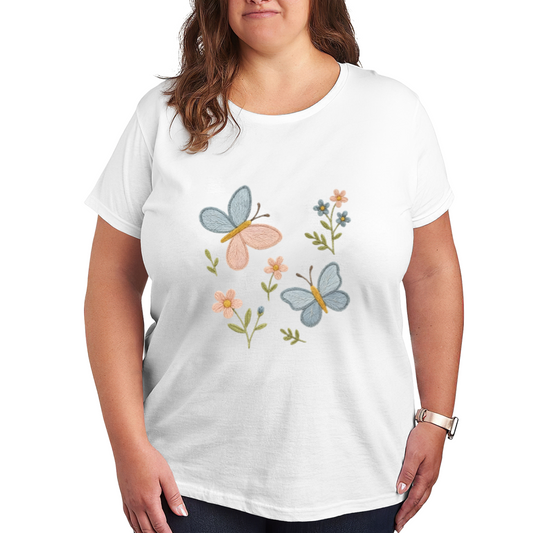 Soft Embroidery Blue Pink Butterfly Plus Size Women¡¯s T-Shirt