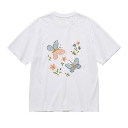 Soft Embroidery Blue Pink Butterfly Plus Size Women¡¯s T-Shirt
