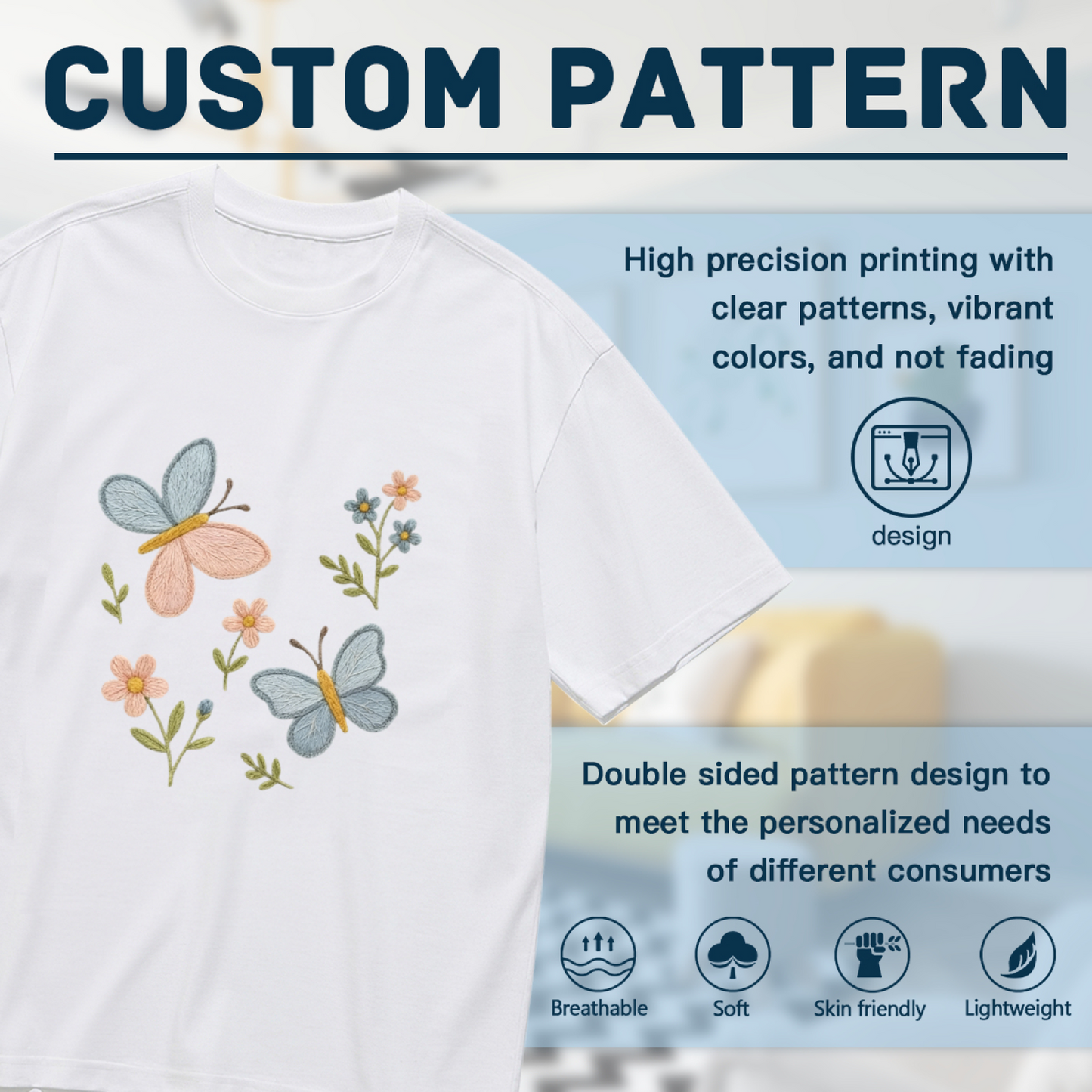 Soft Embroidery Blue Pink Butterfly Plus Size Women¡¯s T-Shirt