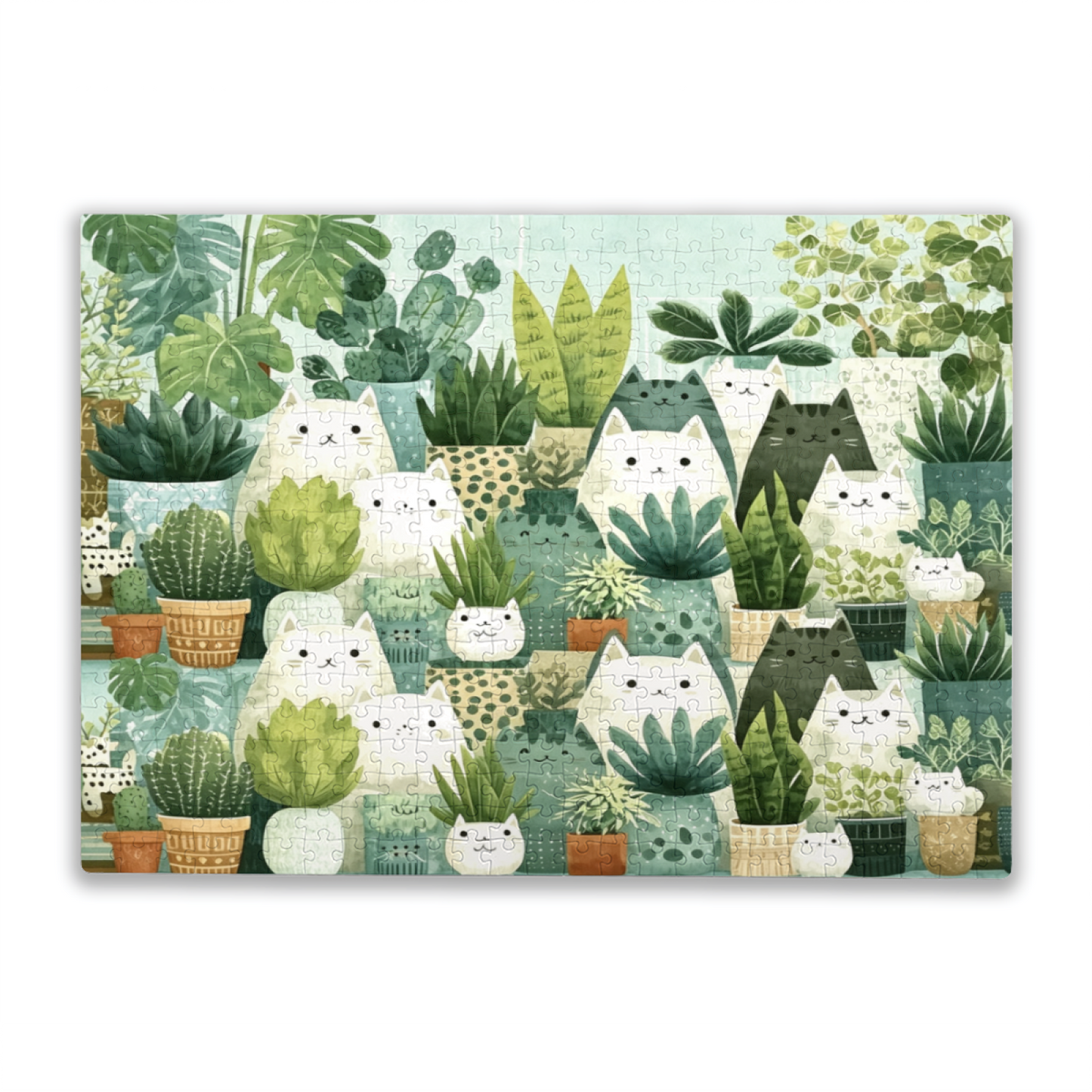 Cute Hidden Cats & Tropical Houseplants Green Aesthetic Puzzle