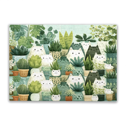 Cute Hidden Cats & Tropical Houseplants Green Aesthetic Puzzle