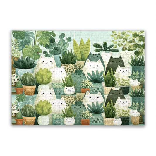 Cute Hidden Cats & Tropical Houseplants Green Aesthetic Puzzle