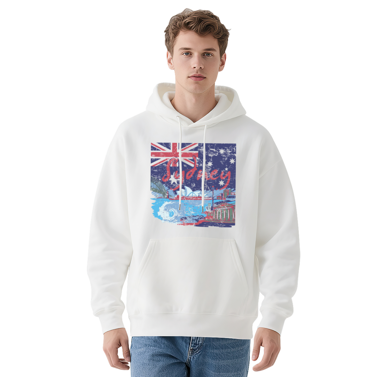 Vintage Sydney Australia Landscape Print Men Hoodie, Warm Cozy Style
