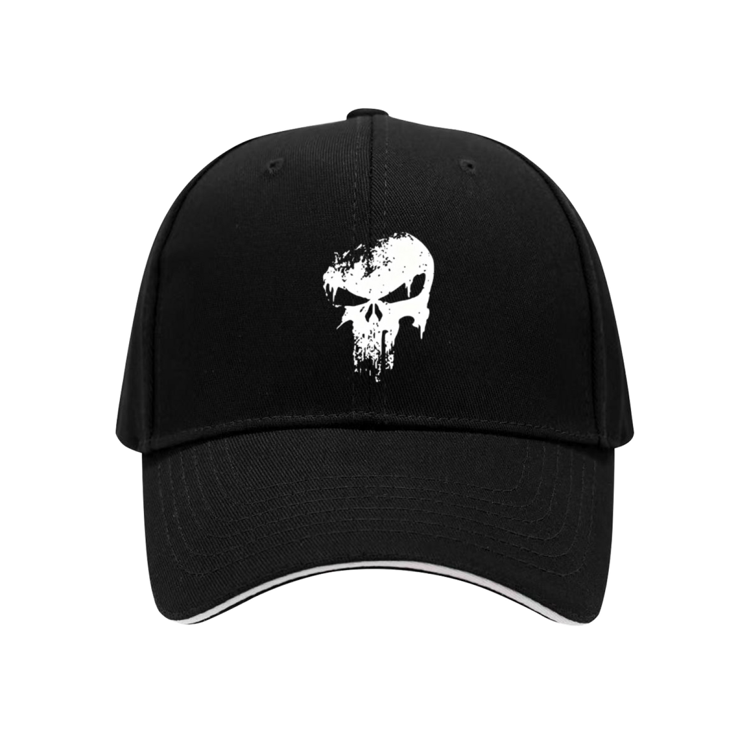 Distressed Skull Grunge Print Black Sandwich Brim Baseball Cap, Punk Streetwear Hat