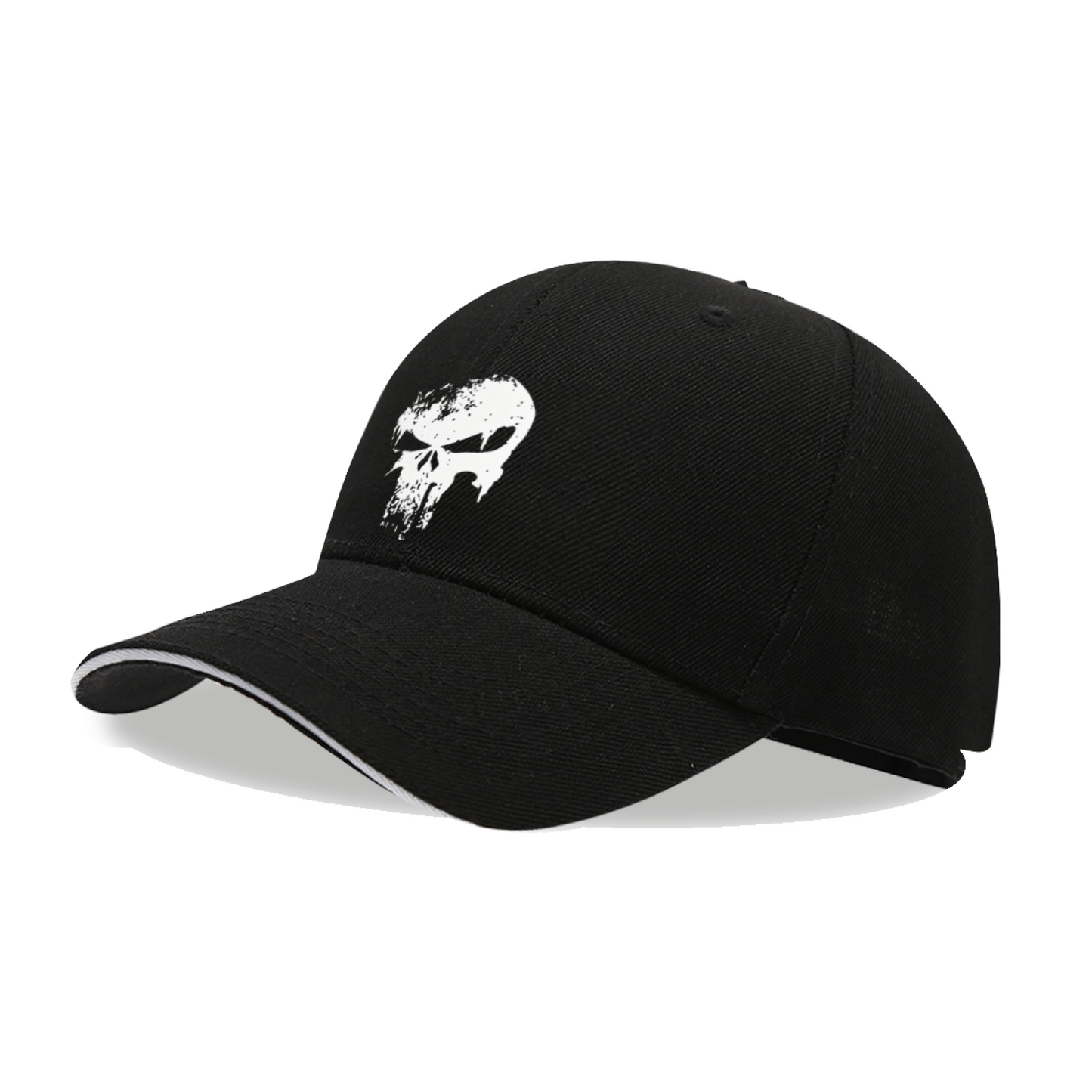 Distressed Skull Grunge Print Black Sandwich Brim Baseball Cap, Punk Streetwear Hat