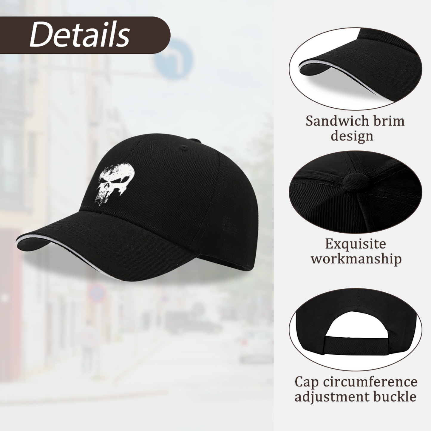 Distressed Skull Grunge Print Black Sandwich Brim Baseball Cap, Punk Streetwear Hat