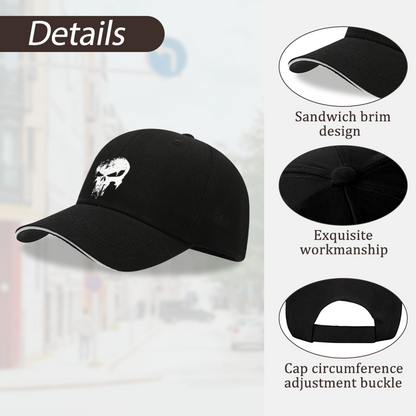 Distressed Skull Grunge Print Black Sandwich Brim Baseball Cap, Punk Streetwear Hat
