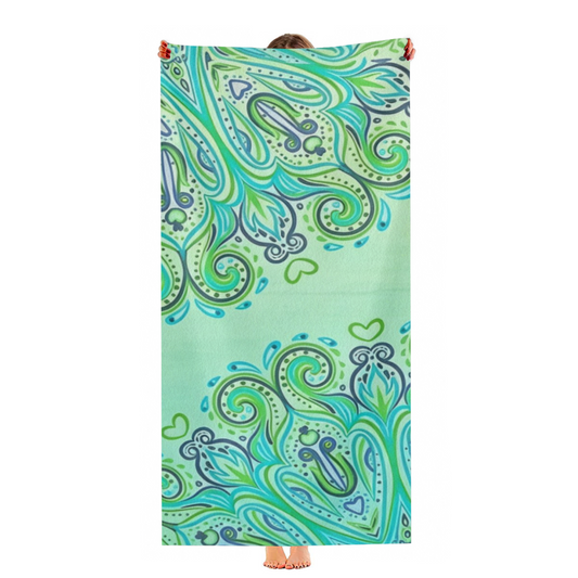 Vibrant Teal Green Paisley Swirl Pattern Beach Towel, Extra Soft Gentle on Skin, Powerful Absorbency, Multiple Sizes Fit All Family Beach Trips