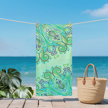 Vibrant Teal Green Paisley Swirl Pattern Beach Towel, Extra Soft Gentle on Skin, Powerful Absorbency, Multiple Sizes Fit All Family Beach Trips
