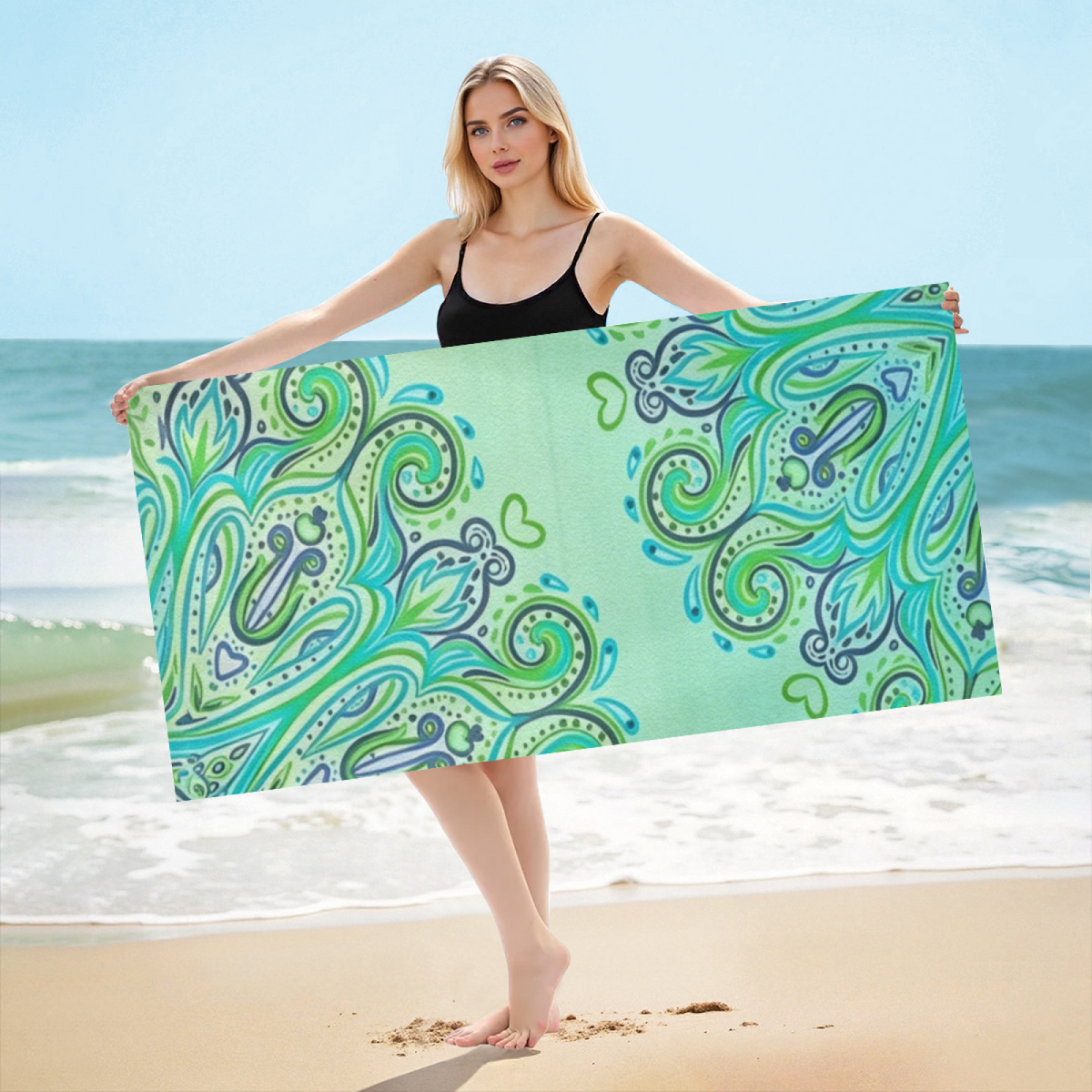 Vibrant Teal Green Paisley Swirl Pattern Beach Towel, Extra Soft Gentle on Skin, Powerful Absorbency, Multiple Sizes Fit All Family Beach Trips