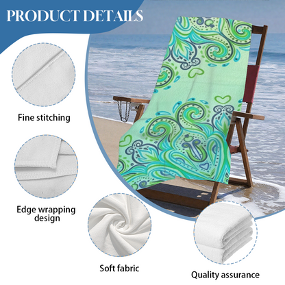 Vibrant Teal Green Paisley Swirl Pattern Beach Towel, Extra Soft Gentle on Skin, Powerful Absorbency, Multiple Sizes Fit All Family Beach Trips
