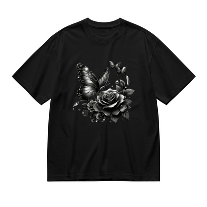 Dark Monochrome Realistic Rose & Butterfly Art Plus Size Women T-Shirt