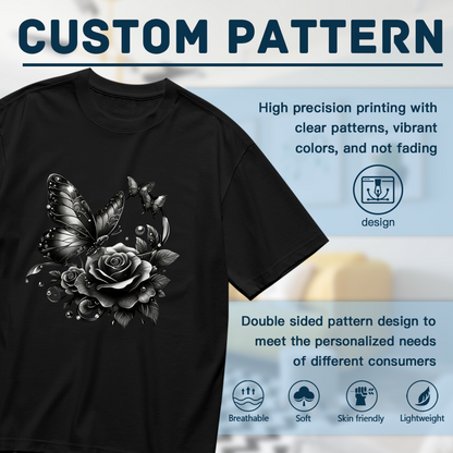 Dark Monochrome Realistic Rose & Butterfly Art Plus Size Women T-Shirt
