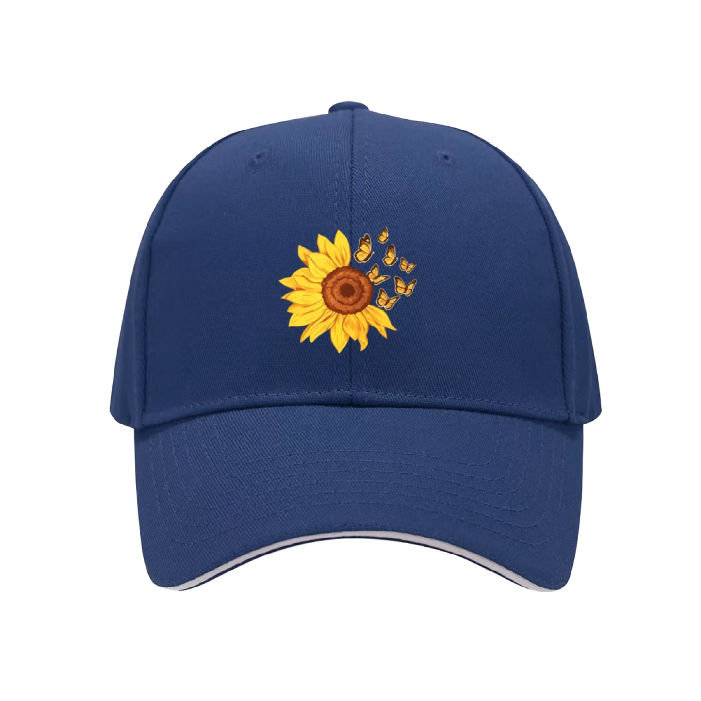 Vibrant Sunflower & Butterfly White Sandwich Brim Baseball Cap, Soft Floral Women Sun Hat