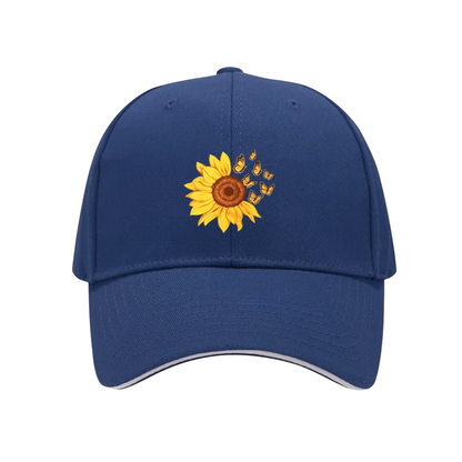Vibrant Sunflower & Butterfly White Sandwich Brim Baseball Cap, Soft Floral Women Sun Hat