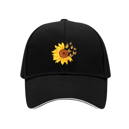 Vibrant Sunflower & Butterfly White Sandwich Brim Baseball Cap, Soft Floral Women Sun Hat