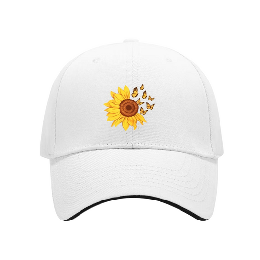 Vibrant Sunflower & Butterfly White Sandwich Brim Baseball Cap, Soft Floral Women Sun Hat