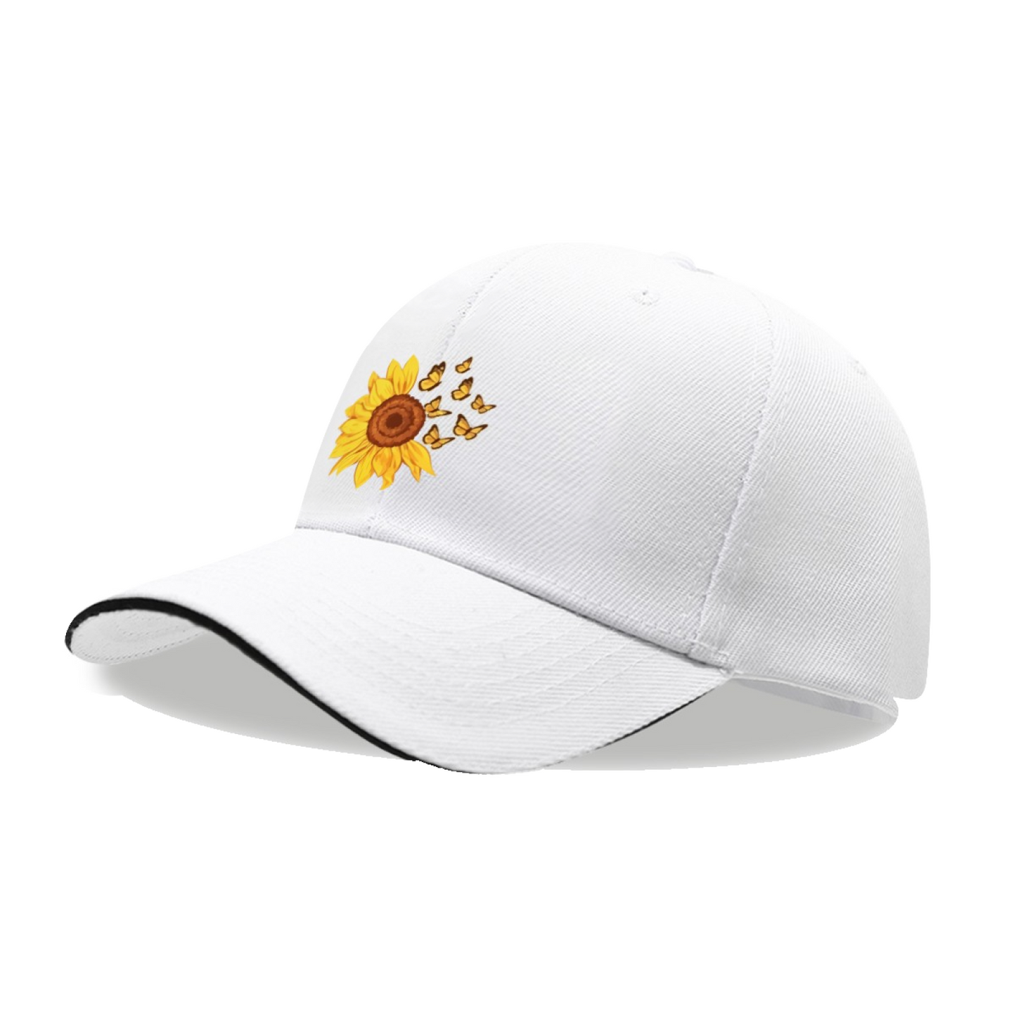 Vibrant Sunflower & Butterfly White Sandwich Brim Baseball Cap, Soft Floral Women Sun Hat