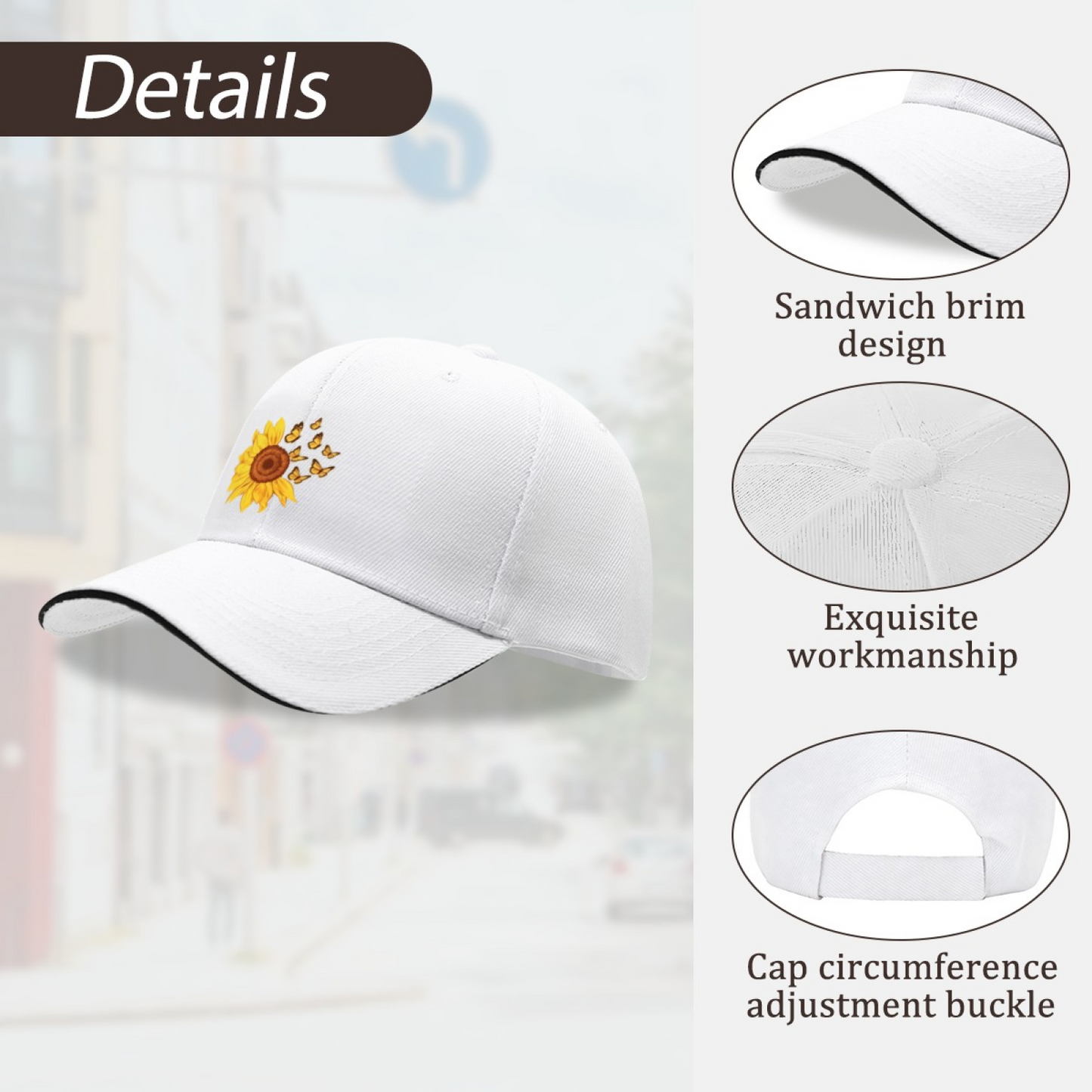 Vibrant Sunflower & Butterfly White Sandwich Brim Baseball Cap, Soft Floral Women Sun Hat