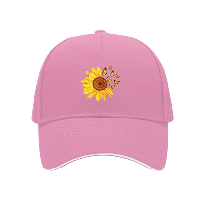Vibrant Sunflower & Butterfly White Sandwich Brim Baseball Cap, Soft Floral Women Sun Hat