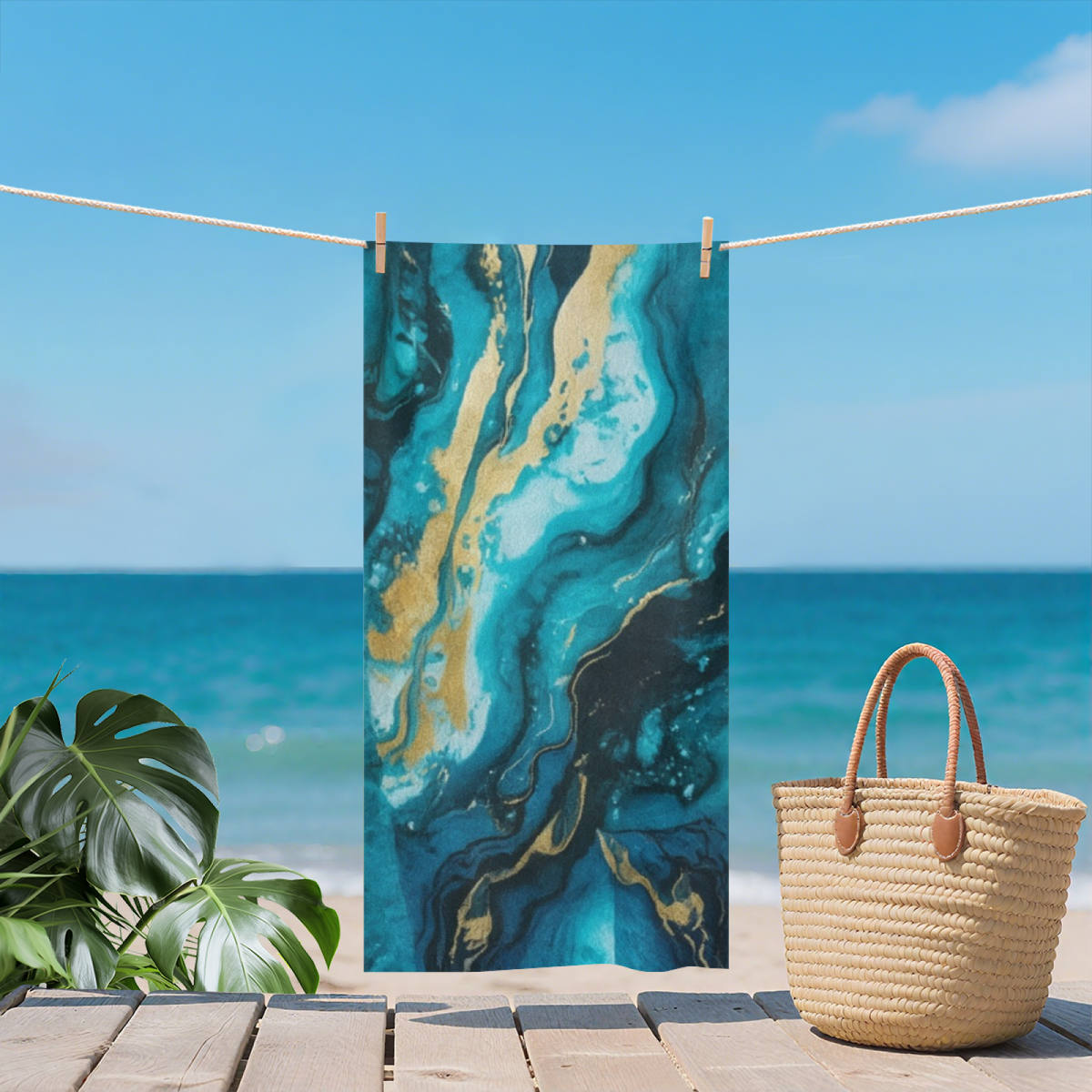 Stylish Teal Gold Marble Pattern Beach Towel, Soft Touch and Strong Water Absorption for Daily & Travel Use