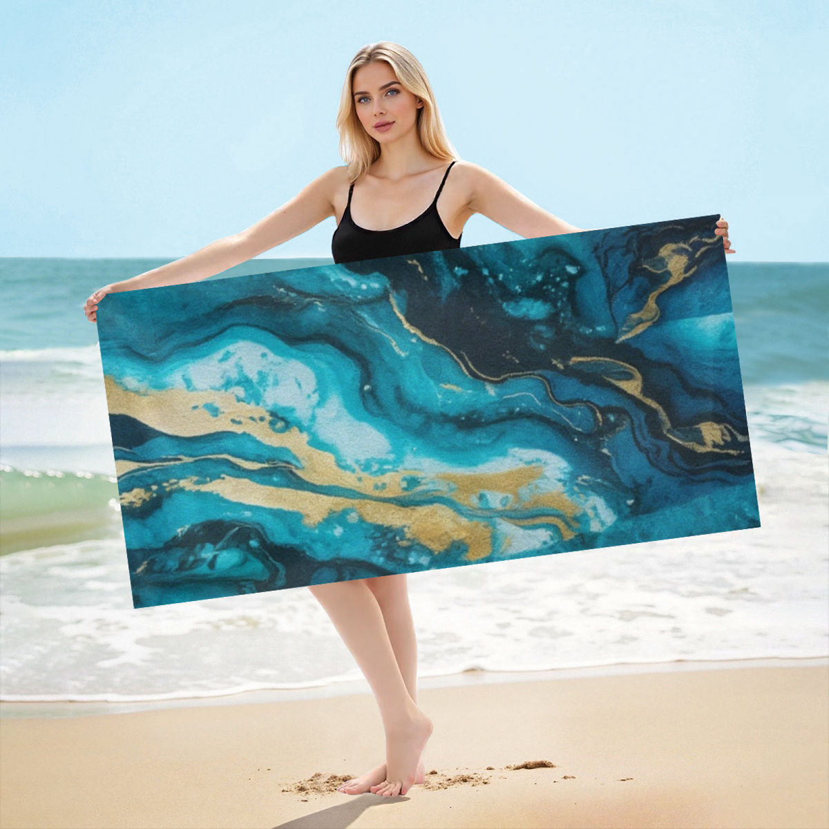 Stylish Teal Gold Marble Pattern Beach Towel, Soft Touch and Strong Water Absorption for Daily & Travel Use