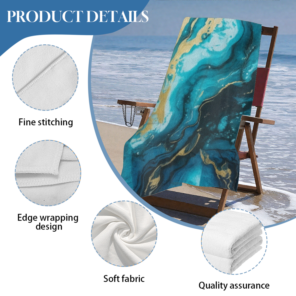 Stylish Teal Gold Marble Pattern Beach Towel, Soft Touch and Strong Water Absorption for Daily & Travel Use