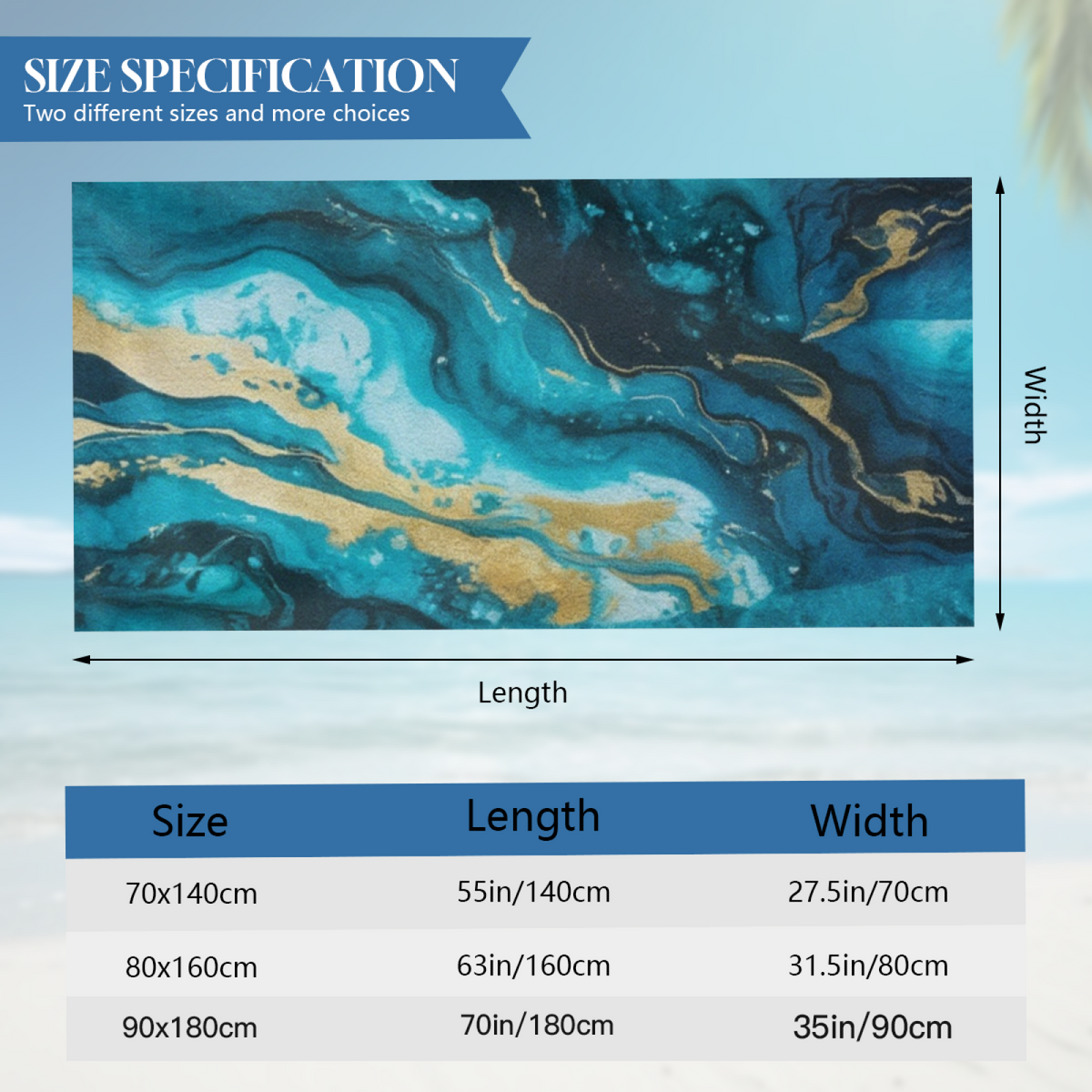 Stylish Teal Gold Marble Pattern Beach Towel, Soft Touch and Strong Water Absorption for Daily & Travel Use