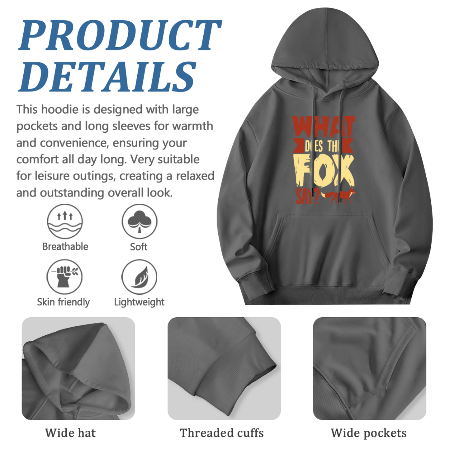 What Does The Fox Say Retro Text Hoodie, Playable Soft Daily Wear