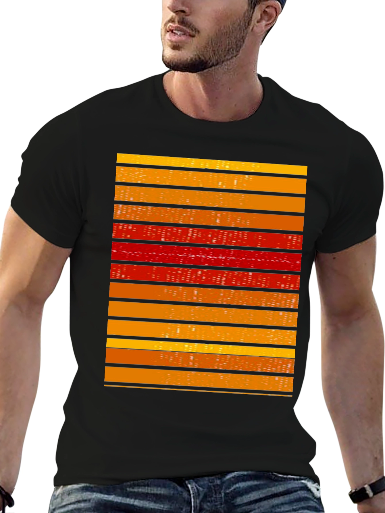 Striped Graphic Tee - Retro Cityscape Design
