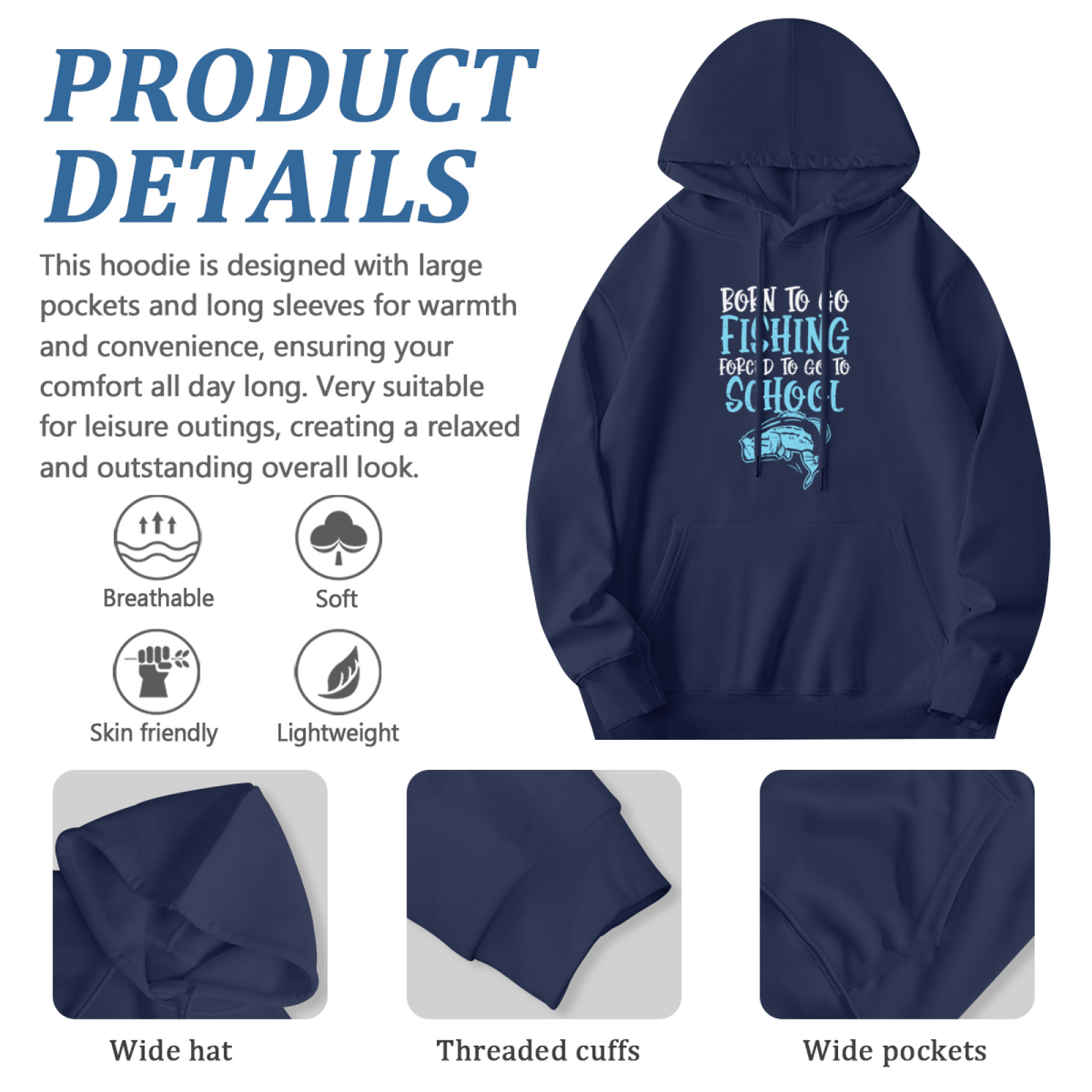Born To Go Fishing Angler Funny Hoodie, Fisherman Comfort Navy Hoodie
