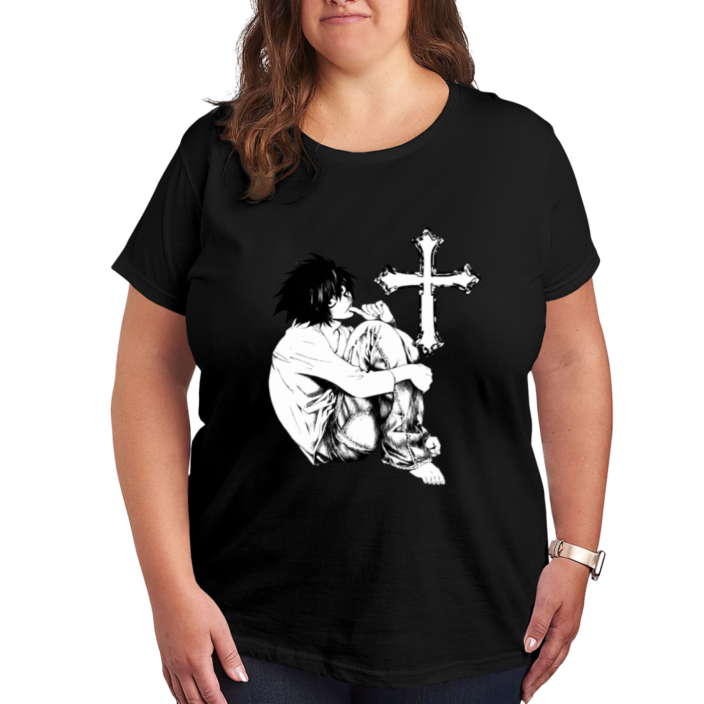 Gothic Anime Boy Cross Black White Sketch Plus Size Women Printed T-Shirt